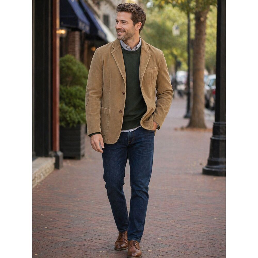 American Eagle Corduroy Jacket Mens XL Beige Tan Two Button Elbow Pad Preppy